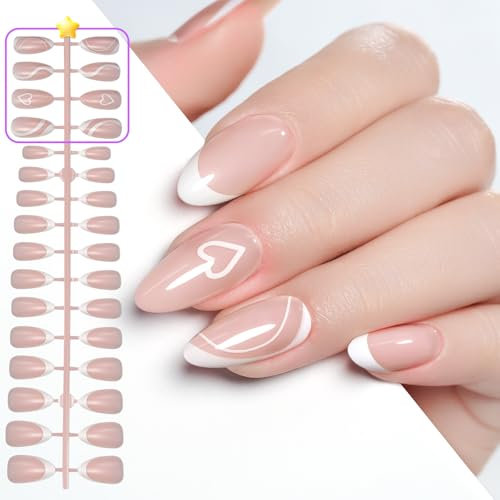 Gelike ec Press On Nails - Gel Faux Ongles à Coller Français Moyenne en Amande Pour la Qualité du Salon, Abricot Rose Capsule Americaine Ongle 160pcs 12 tailles (français avec design)