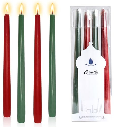 Ovaletta 4 Stück Weihnachten Stabkerzen, Rot und Grün Spitzkerzen, Lange Kerzen, Rot Kerzen, Stabkerzen Grün, für Hochzeit, Geburtstag, Höhe 25 cm, Durchmesser 2,2 cm, Brenndauer ca. 8 Stunden