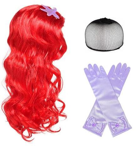 EUPSIIU Meerjungfrau Kostüm Perücke Und Prinzessin Handschuhe, Meerjungfrau Kinderperücke, Rot Lockige Perücke Lange Meerjungfrau Fancy Dress Up Für Mädchen Kostüm Halloween Cosplay Karneval (Rot)