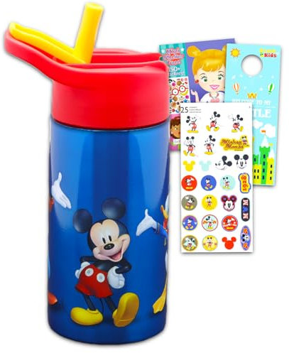 Disney Mickey Mouse - Bottiglia d'acqua in acciaio inox per bambini, 14 once, riutilizzabile, per casa, scuola, Plus, adesivi, più | Bottiglia d'acqua Topolino