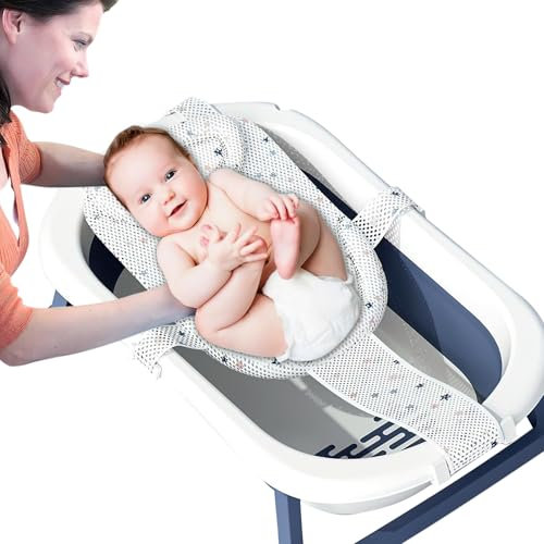 Babybadenetzt, Badewannensitz Baby Badewanne Pad, Badewanneneinsatz Baby mit Mesh Verstellbar, Babywannenmatte mit Sicherheitsgurt, Babywannenkissen Babybadenetz für Neugeborene Kleinkind