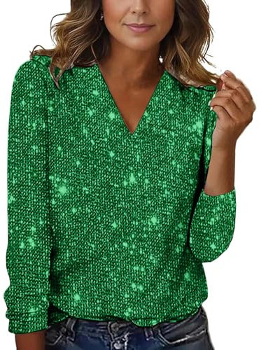 Pamqsen Glitzer Shirt Damen Glitzershirt Festival Elegant Tops Pailletten Top Party Oberteil Große Größen Blusen Sexy Langarmshirt Glitzer Hochzeit Festliche Blusen Tshirt Langarm