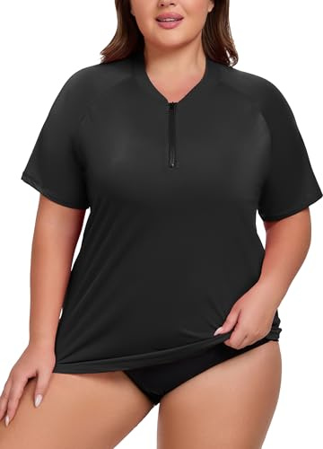 ForHailey Damen Übergröße, kurzärmelig, Rashguard, Schwimmshirt, UPF 50+, Sonnenschutz, Reißverschluss, Badeanzug, Tops, 1XL-5XL, Schwarz, 4XL Mehr