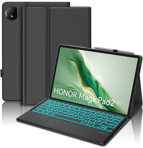 FOGARI Custodia per tastiera per Honor Magic Pad 2 Tablet 12,3 pollici, Multi Touch Trackpad, 7 colori illuminazione tastiera con magnete rimovibile per Magic Pad 2 12,3 pollici, QWERTZ tedesco, nero