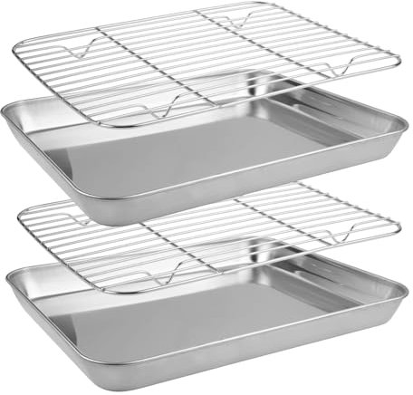 Lot De 2 Plaque De Cuisson avec Grille De Refroidissement 26.5 X 15.5 X 2.8 Cm Rectangulaire Stainless Steel Sheet Pan Roasting Pan Smooth Corner Design Et Facile À Nettoyer pour Cuire, Servir