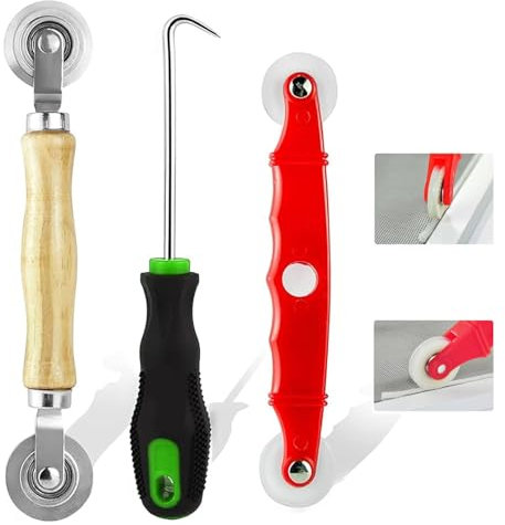 Strumenti per installazione zanzariere 3 pezzi + Rulli per zanzariere + Gancio per rimozione spline + Compatibilità universale + Ergonomici + Legno/Acciaio/Nylon