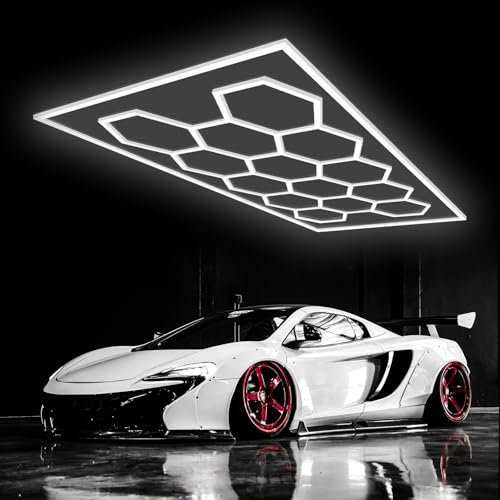 Plafonnier LED Hexagonal pour Garage, Grilles 5/14 Nid D'abeilles Connectables pour Entrepôt, Atelier, Salle de Sport, Sous-Sol, Entretien Automobile, Buanderie 14 HEX