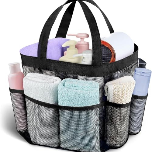 Homeily Netz Strandtasche, Wasserdichte Strandtasche mit 8 Taschen, Netz-Dusch-Caddy Tragbar Duschtasche für Fitnessstudio, Schwimmbad, College & Reisen, Schwarz.