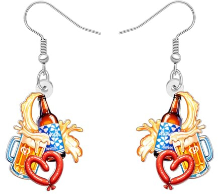 DUOWEI Acrylic Novelty German Oktoberfest Themed Dangle Earrings Unique Gifts for Women Beer Lovers, Beer Mug, Pretzel, Panda and Gnomes Design Weird Festival Jewellery (Beer Mug)