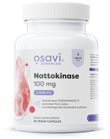 Osavi Nattokinase 100 mg – 60 Vegan caps | FERMOKINASE™ from natto (Fermented Soybeans, Bacillus subtilis) | 2000 FU enzymatic Activity | Clean Label | No Vitamin K2