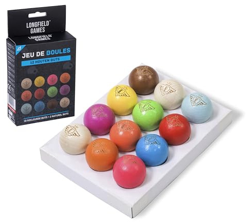 Engelhart Petanque Jack Balls Ø 30 mm – 12 Wooden Target Balls, 10 Coloured and 2 Natural, Boules Replacement Cochonnet and Pallino Set 010147