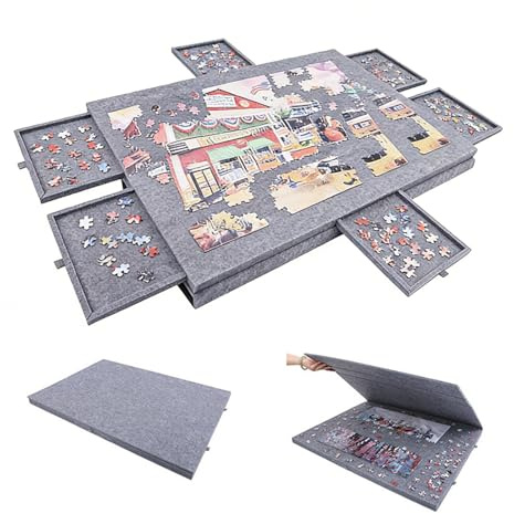 LUPATDY Tablero Puzzle para 1000 Piezas, Puzzles Board con 6 Cajones Clasificadoras, Tapete Puzzle de Fieltro Ligero con Soporte 2 en 1, Portátil Mesa Puzzles 52 x 77 cm, Grau