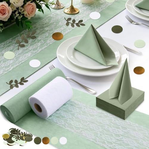 Tischdeko Set Eukalyptus Grün, Vlies Tischläufer + Weiße Dekorative Spitzenbänder + 40 Servietten + 100 Streuteile - Tischdeko Set für Taufe Kommunion Konfirmation Hochzeit und Geburtstag