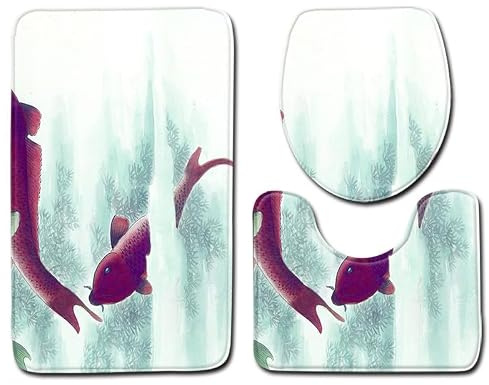 Badezimmer Teppich Set Abstrakt Fisch 3-teilig WC-Garnitur Grün rutschfest waschbar Mikrofaser Badteppich Set 75 x 45 cm