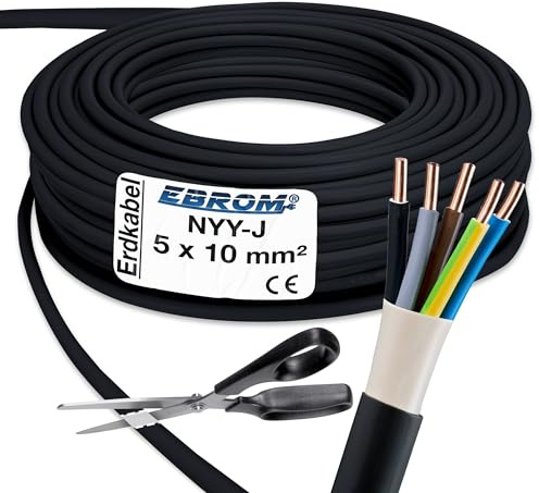 EBROM Erdleitung NYY-J 5x10 mm² Starkstromkabel Erdkabel schwarz - 60 m | 5m bis 100 m, Elektrokabel zur Verlegung im freien oder im Erdreich - VDE 0276, Teil 603, Nennspannung: 600/1000V, 5x10 mm2