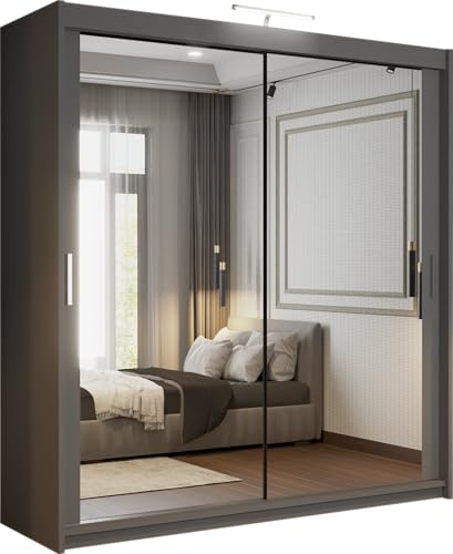 Mirror Double Sliding Door Grey Wardrobe 2 LED Light Option 90/120/150/180/203cm (120cm)
