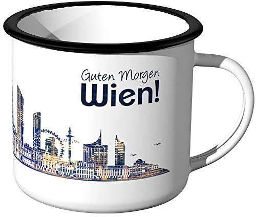 JUNIWORDS Emaille-Tasse, Guten Morgen Wien, Skyline Nachtlichter, Schwarzer Tassenrand