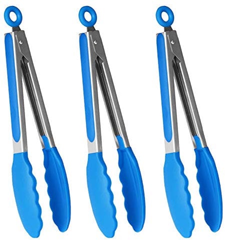 HINMAY Kitchen Tongs 9 Inches Cooking Tongs for Food Grill, Salad, BBQ, Frying, Serving, Set of 3 (Blue)