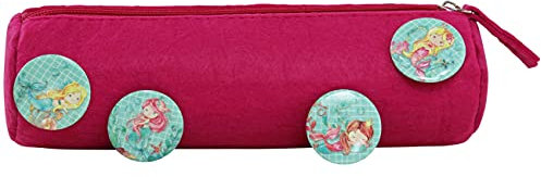 Papierdrachen Federmäppchen mit 4 Buttons für Jungen und Mädchen | Filzmäppchen in pink mit Meerjungfrau-Motiv Einschulung | Schulmäppchen Set Nr 1