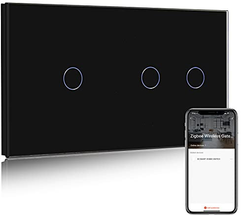 BSEED Smart ZigBee Interruptor de Luz,Negro Interruptor inteligente 1 Gang 1 Vía+2 Gang 1 Vía,Compatible con Alexa y Google Home, Control de APP(Zigbee Gateway Hub Requerido)