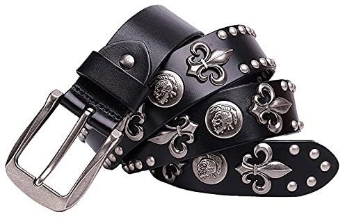 Nietengürtel Gürtel mit Totenkopf und Rundnieten im Vintage Style, echtem Leder für Damen und Herren,Ledergürtel kürzbar,Schwarz,100cm(32~34)