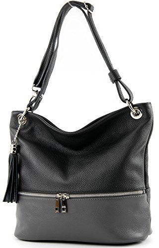 modamoda de - T143 - ital. Leder Schultertasche Umhängetasche, Farbe:Schwarz/Dunkelgrau2021