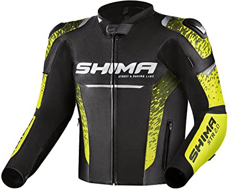 SHIMA STR 2.0 Giacca da moto | Pelle, giacca sportiva con protezioni per schiena, gomiti, spalle, pelle traforata, per tuta 2 pezzi (Nero/Fluo, 46)