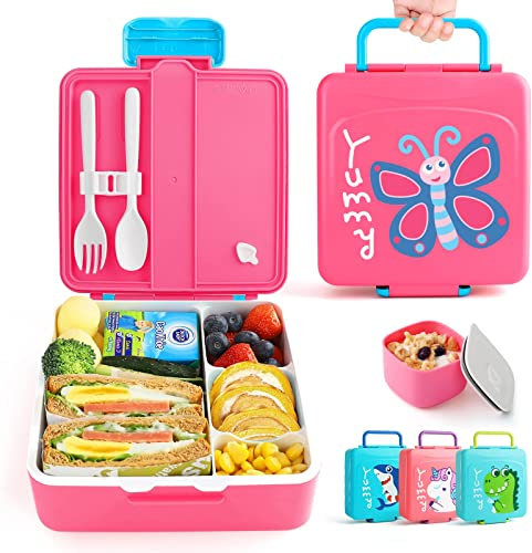 Lehoo Castle Lunch Box for Kids, 1300ml Toddler Bento Box Lunch Containers with 4 compartments, Kids Bento Lunch Box with Sauce Jar/Spoon & Fork