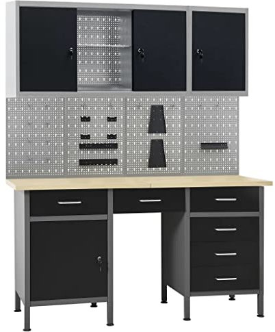 Hommdiy Werkbank-4 Werkzeugwänden-2 Wandschränken Werktisch Werkzeugschrank Montagewerkbank Hängeschrank Lochwand Werkstatteinrichtung