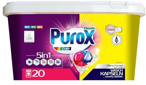 PUROX COLOR Wäschepods (20 Stück) – Waschmittel-Kapseln für farbige Textilien, entfernt Flecken, schützt Farben, vollständig ausspülbar, umweltfreundlich, Box