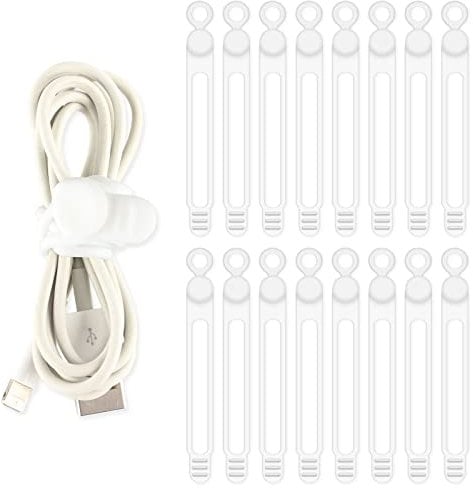 TamBee Cable Ties Reusable Silicone Cable Straps 16pcs White Cable Wire Ties Cable Cord Organizers for Earphone Phone Charger Audio Cable Computer (White)