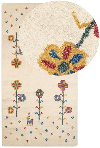 Beliani Gabbeh Teppich beige aus Wolle 80 x 150 cm Hochflor Blumen Muster handgetuftet Husunlu