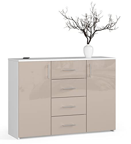BDW Hochglanz Kommode mit 4 Schubladen und 2 Türen für Schlafzimmer, Wohnzimmer, Flur, Büro - Modernes Design - Aufbewahrungsmöbel - Geräumige Kommode - 110 x 80 x 35 cm - Weiß-Cappuccino