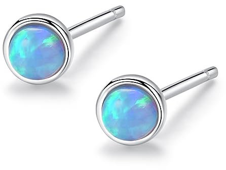 Fajewellery 4mm Opal Ohrstecker Sterling Silber 925 Kleine Rund Blau Opal Hypoallergen Ohrringe für Damen Mädchen