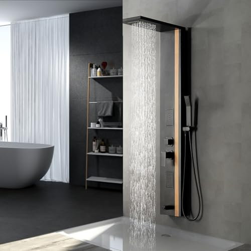 Bathfinesse Panneaux muraux de douche pour salle de bain, système de tour multifonction en bois de bambou et acier inoxydable, jets de pulvérisation, tête de cascade avec baguette portative et bec de