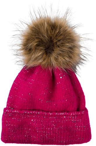styleBREAKER Damen Strick Bommelmütze Einfarbig mit Pailletten und Fleece Futter, Winter Fellbommel Mütze, Strickmütze 04024210, Farbe:Pink