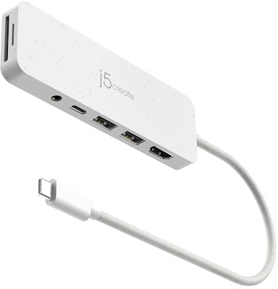 j5create USB-C Multi-Port Hub mit Power Delivery mit 4K HDMI/2 USB-A 5Gbps/PD 100W Aufladen SD&Micro SD/3.5mm Audio | für MacBook Pro&Air/iPad Pro/iMac/Surface/XPS/Thinkpad/Galaxy/und mehr(JCD373EW)