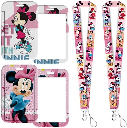 2 Pcs Minnie Mouse Porte Badge avec Cordon, Porte Badge de Carte d'Identification avec Cordon Tour de Cou, pour Porte Badges d'Identification, Carte d'étudiants, Porte-Clés, Carte Bus