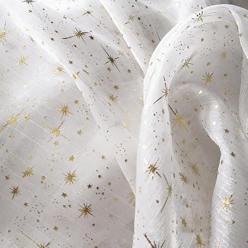 SYSUII 150cm*1m Organza Stoffe zum Nähen Stern Heißprägen Sparkly Stoff zum Dekorieren Basteln Hauch Zart, Fein, Durchsichtig Dekostoff Leichter Glanz Stoff für Gardine Vorhang Hochzeit -Weiß