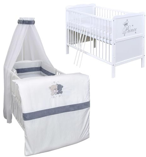 Babybett Komplett Set Max Prince 60x120 weiß Kinderbett umbaubar zum Juniorbett inkl. Bettwäsche Set Komplett (Loving Bears)