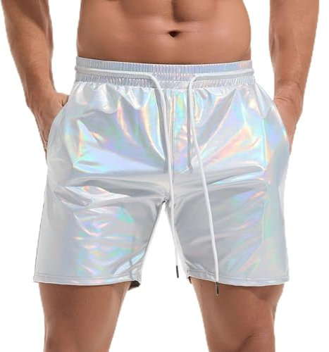 Amy Coulee Metall Shorts Herren Glänzend Nachtclub Disco Party Glänzend Kurze Hose (Helles Silber, L)