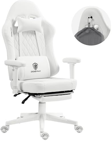 Dowinx Gaming Stuhl mit Taschenfederkissen und Aufhänger, Massage Game Stuhl Pu Leder mit Kopfstütze, Ergonomischer Bürostuhl mit Fußstütze 135KG für Erwachsene, Weiß