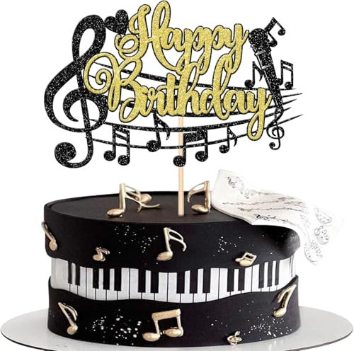 SYKYCTCY 1 Pack Music Happy Birthday Cake Topper Black Gold Glitter Musical Symbol Note Microphone Music Lover Birthday Cake Pick for Music Concert Singer Theme Birthday Party Cake Decoration Supplies