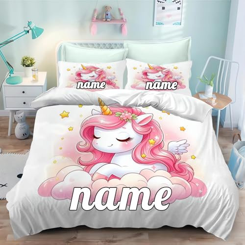 CHEFFS Personalisierte Bettwäsche mit Name Text, Einhorn Bettwäsche 135x200cm Kinderbettwäsche Einhorn Mädchen Bettbezug Set mit Reißverschluss (135 x 200 cm,1)