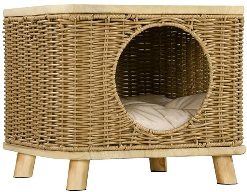 PawHut Elevated Design Wicker Cat House with Washable Cushion, Light Brown