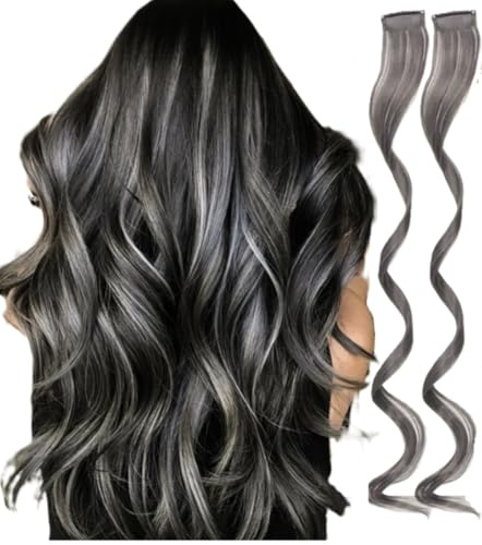 2 x Clip-In Hair Extension Highlights Streaks, Colourful Hair Highlights (Curly Dark Grey x 2)