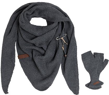KNIT FACTORY - Damen Winter Set - Coco Dreiecksschal & Cleo Handstulpen - Winterschal und Handschuhe - Strickschal mit Handschuhe - Gefertigt aus 30% Wolle und 70% Polyacryl - Anthrazit