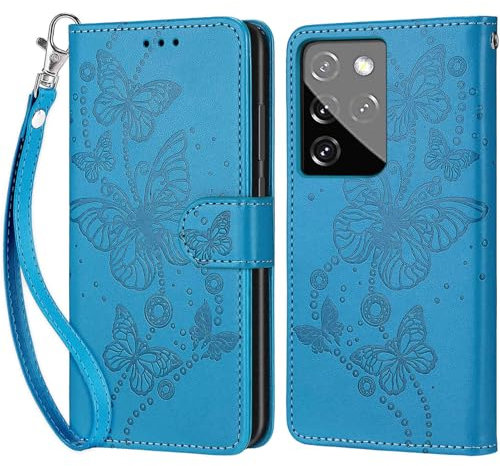 Handyhülle für Samsung Galaxy S21 Ultra Hülle, Premium Leder Flip Klappbare Stoßfeste Magnetische [Standfunktion] [Kartenfächern] Schutzhülle Tasche - Blau Schmetterling