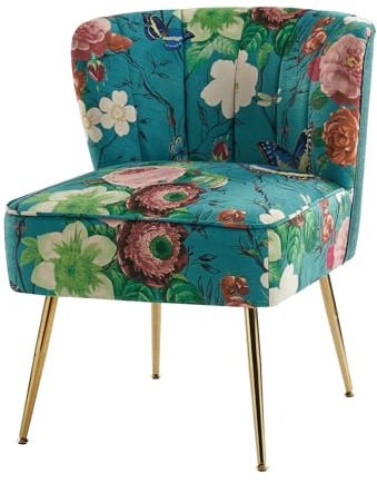 HULALA HOME Esszimmerstühle, Moderne gepolsterter Küchenstühle ohne Armlehnen Esszimmerstühle mit goldenen Metallbeinen Blumen Muster für Esszimmer Wohnzimmer Schlafzimmer, 61Bx68Tx76H, Blau