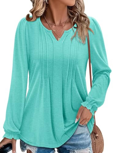 KISSMODA Basic Long Sleeve Tunic Tops for Ladies Fall Puff Sleeve V Neck Pleated Blouses Fall T-Shirts